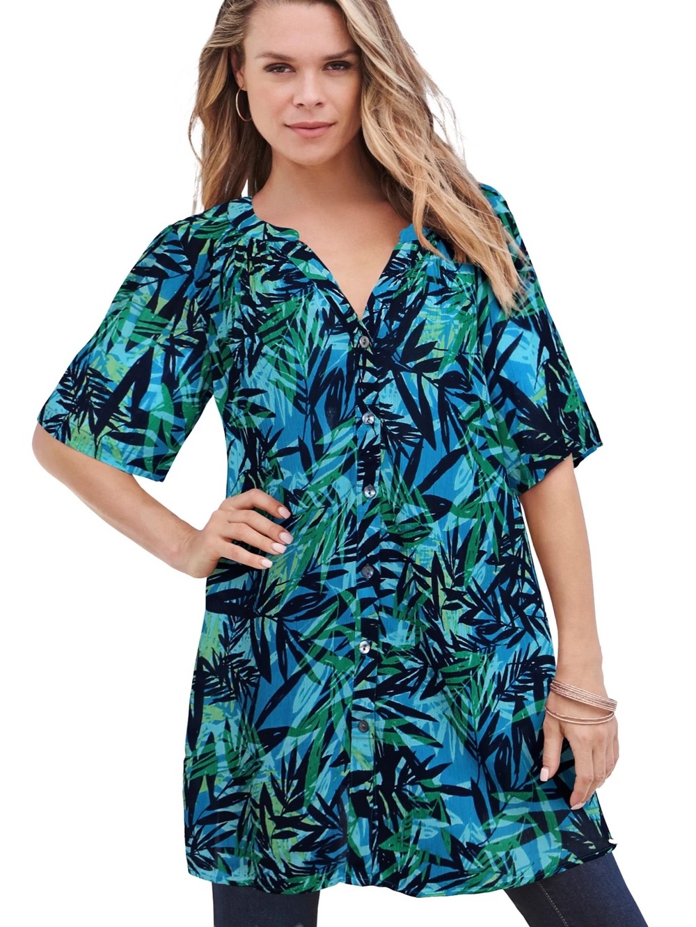EUC Roaman’s Women’s Crinkle Crepe Plus Size Tropical Leafy Tunic Top 32W